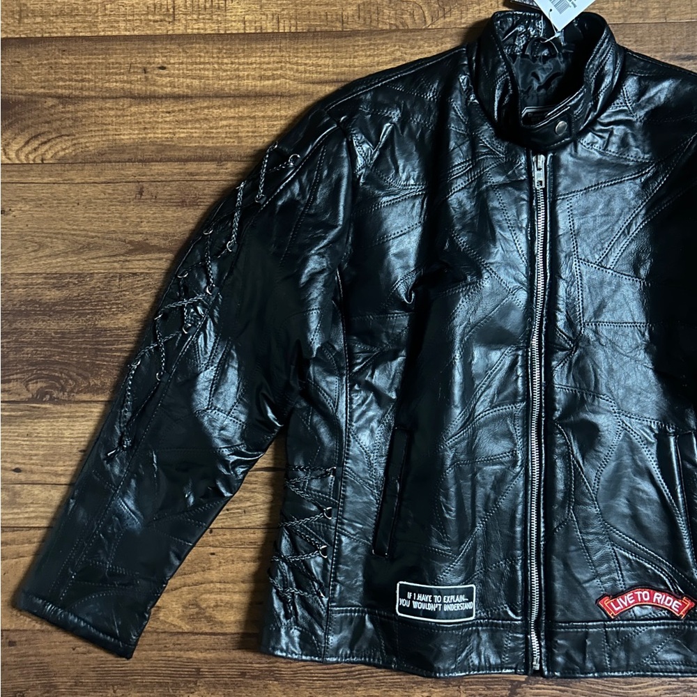 Diamond Plate Men’s Size 3 X-Large Motorcycle  Black Leather Patches Jacket ~New - Picture 12 of 16